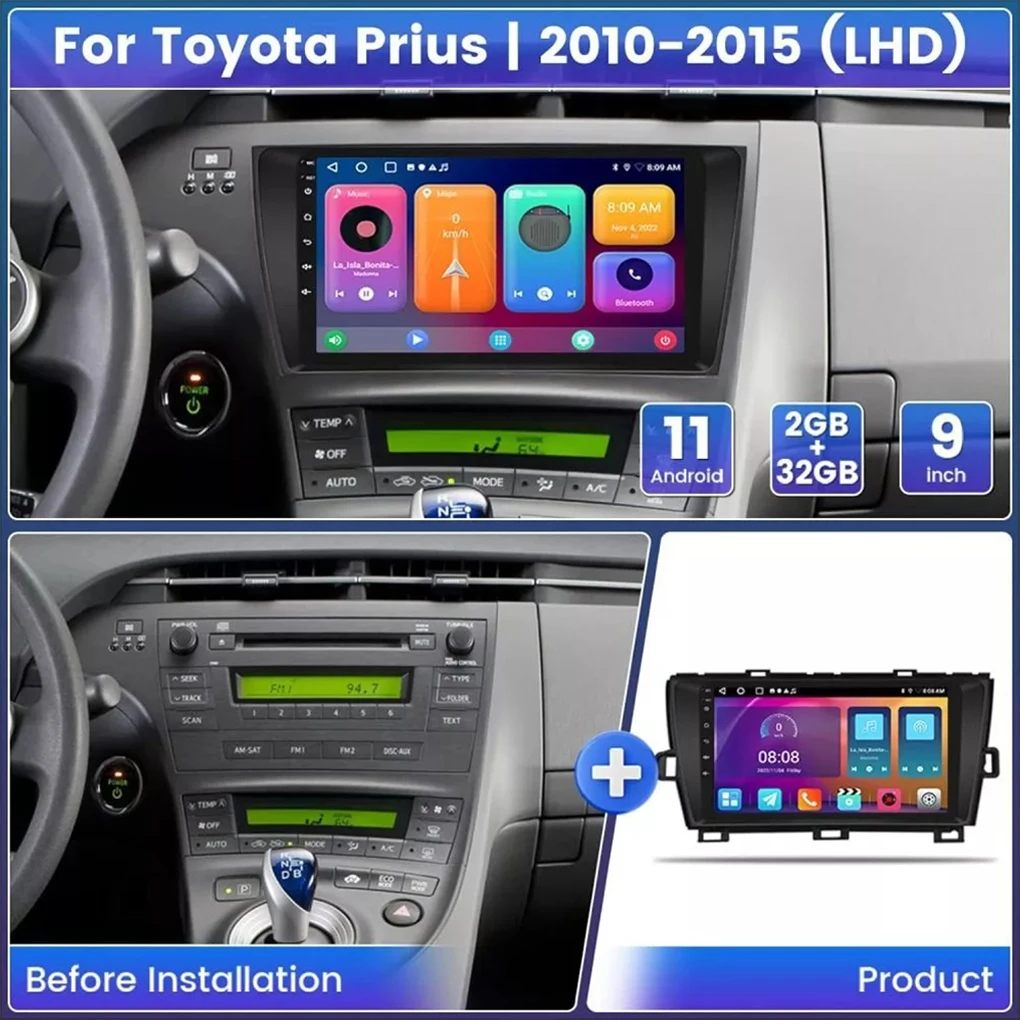 Фото Автомобильный радиоприемник мультимедиа для Toyota Prius 2010-2015 Android 14 2Din ideo плеер GPS навигация Carplay экран DSP стерео №3