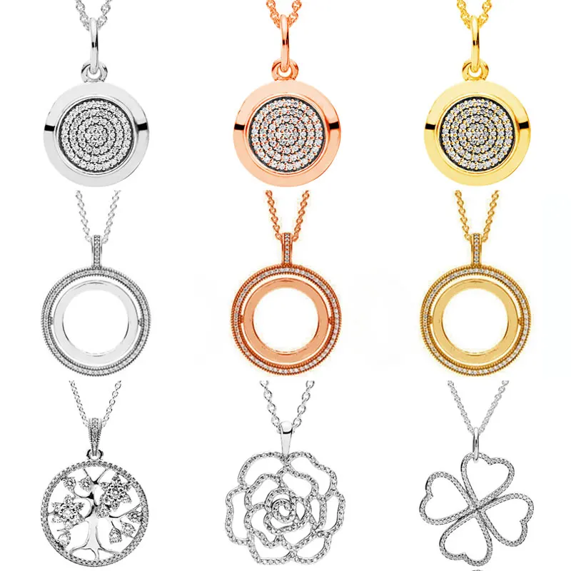 Original S925 Family Tree Clover Rose Flower Logo Signature Spinning Hearts Pendant Necklace For Pandora Bead Charm DIY Jewelry