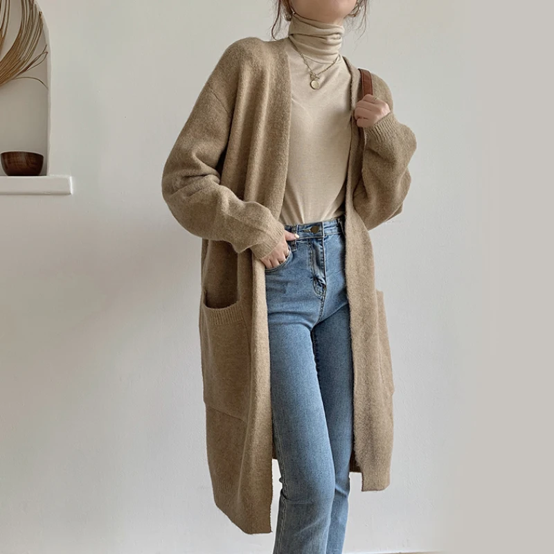 

2023Loose Women Long Cardigans Fall Casual Pocket Knitted Sweater Winter New Oversize Korean Fashion Solid Female Coats