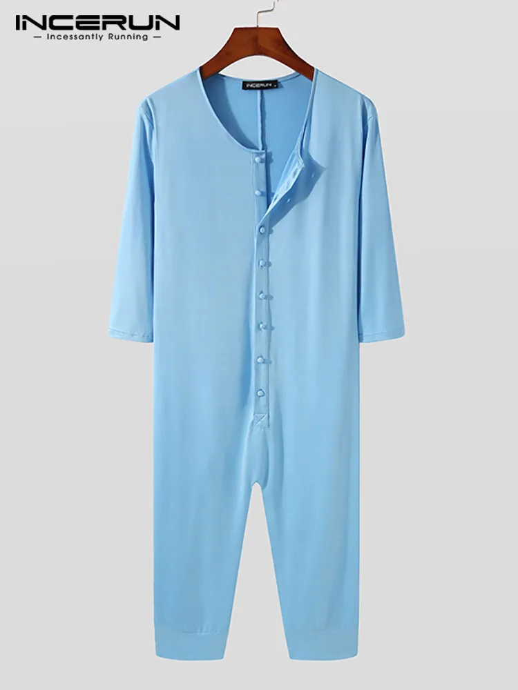 

INCERUN Men Pajamas Jumpsuits Solid Color O-neck Half Sleeve Button Casual Cozy Calf Length Rompers Men Sleepwear Homewear 2022