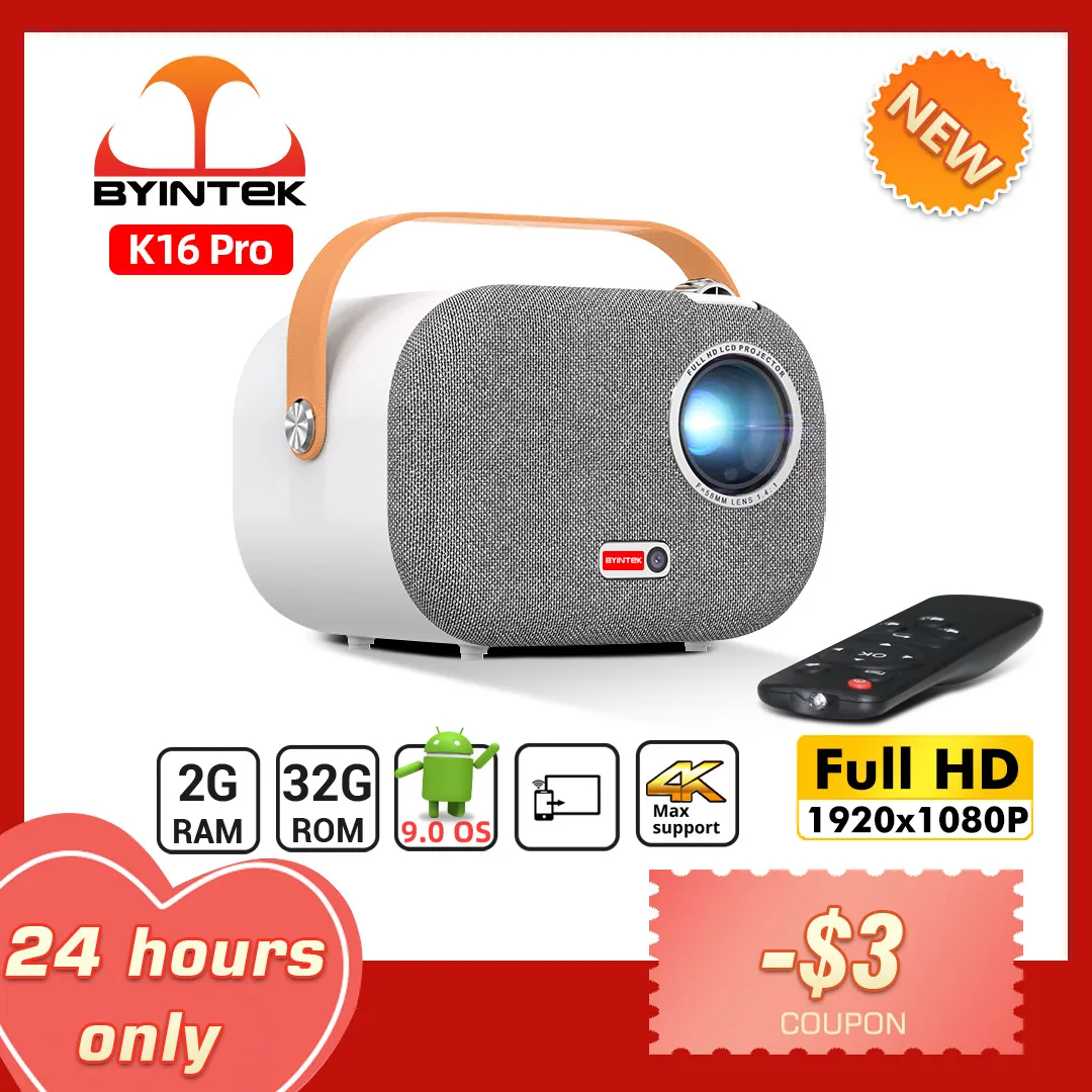 

BYINTEK K16 Portable Full HD 1920*1080P 4K LCD Smart Android 9.0 Wifi Mini LED Video Home Theater 1080P Projector for Smartphone