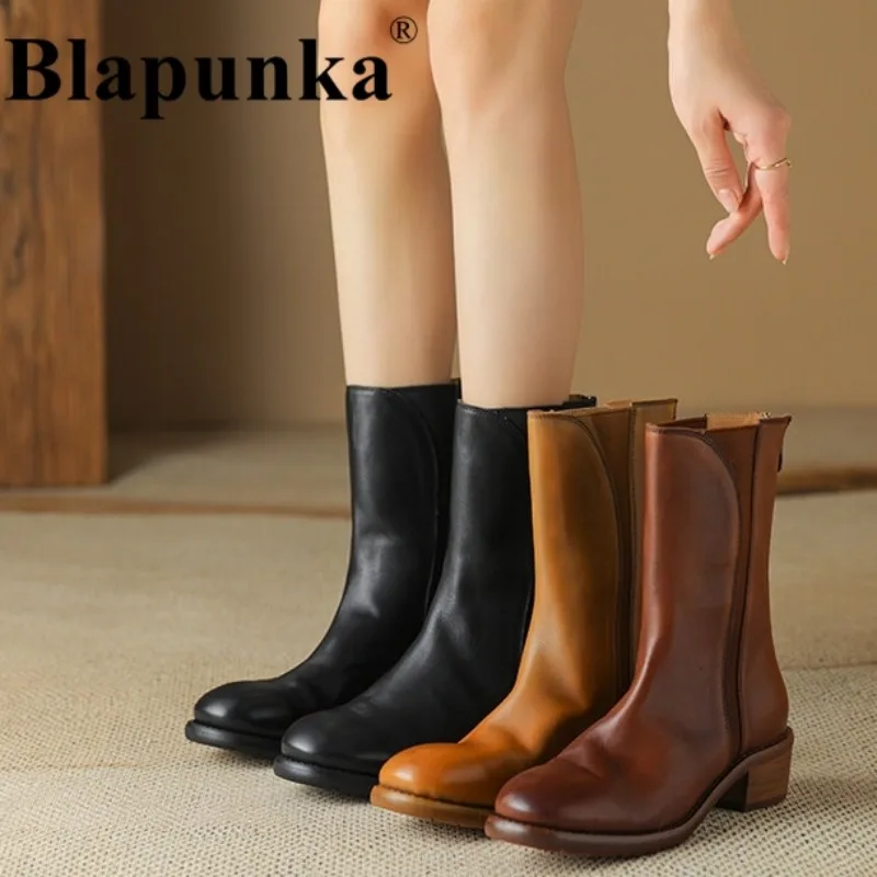 

Женские ботинки из натуральной кожи Blapunka, Черные ботильоны ручной работы на блочном каблуке, на молнии, роскошная дизайнерская обувь, 2023