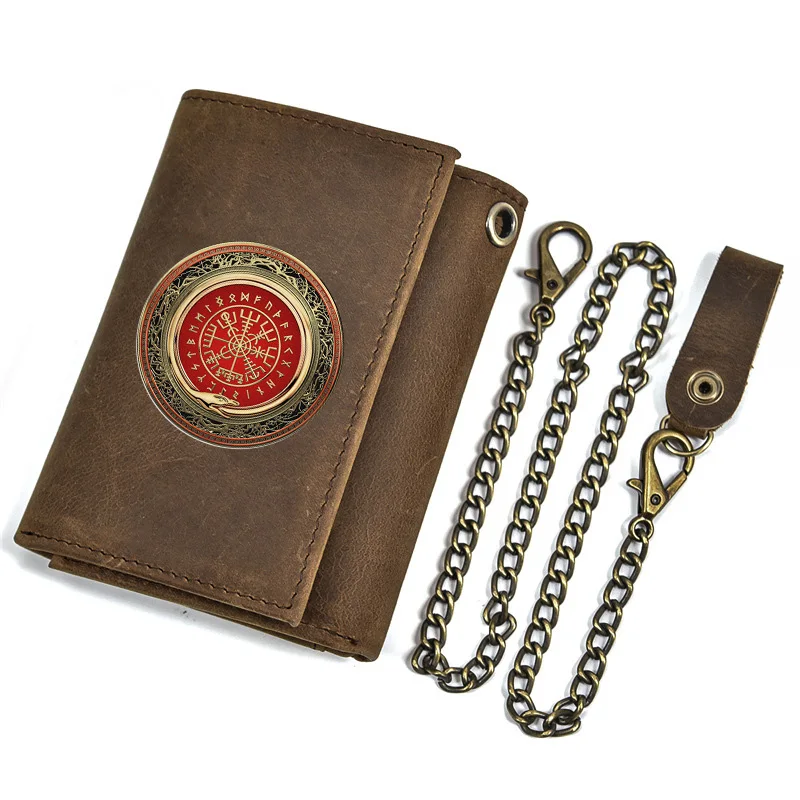 High Quality Men Genuine Leather Wallet Anti Theft Hasp With Iron Chain Vintage Viking Theme Cover Card Holder Short Purse