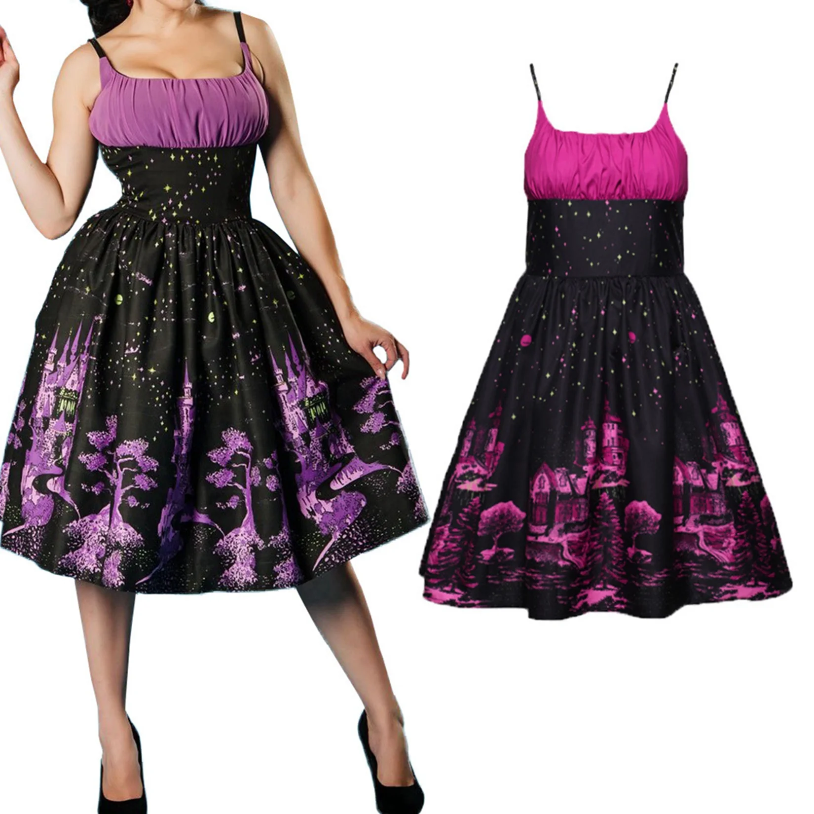 

Women Halloween Casual Dresses Spaghetti Strap Waist Ruched Costume, Vintage Gothic Puffy Prom