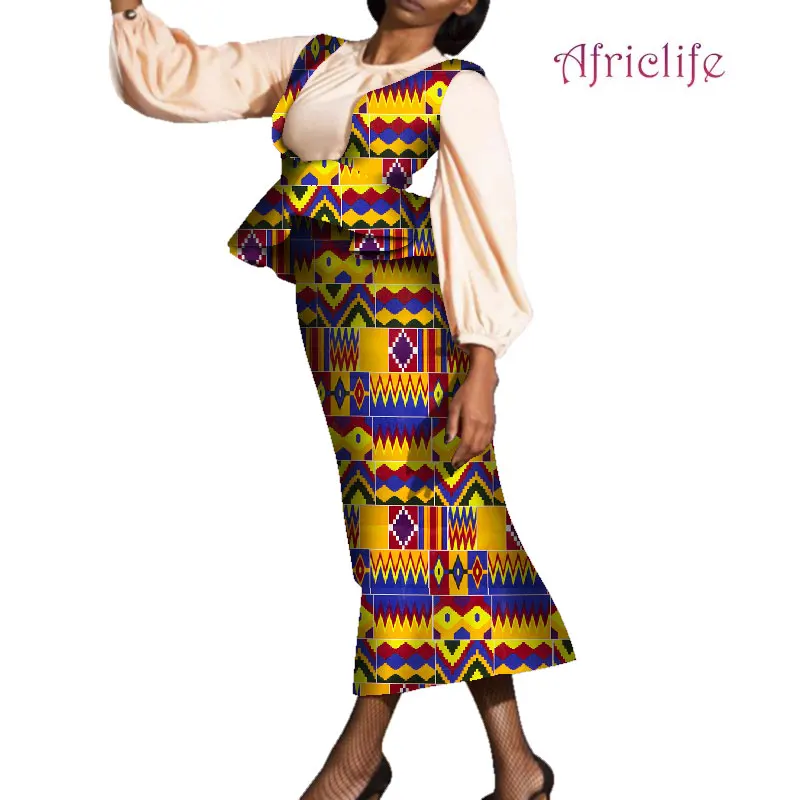 Two Piece Set Women Sleeveless Top&Straight Skirt with Zipper and Elastic Summer African Elegant Lady Skirt Suit WY7185