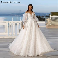 elegant a line lace wedding dresses for women sheer neck puff sleeves buttons back sweep train bridal gowns vestidos de novia