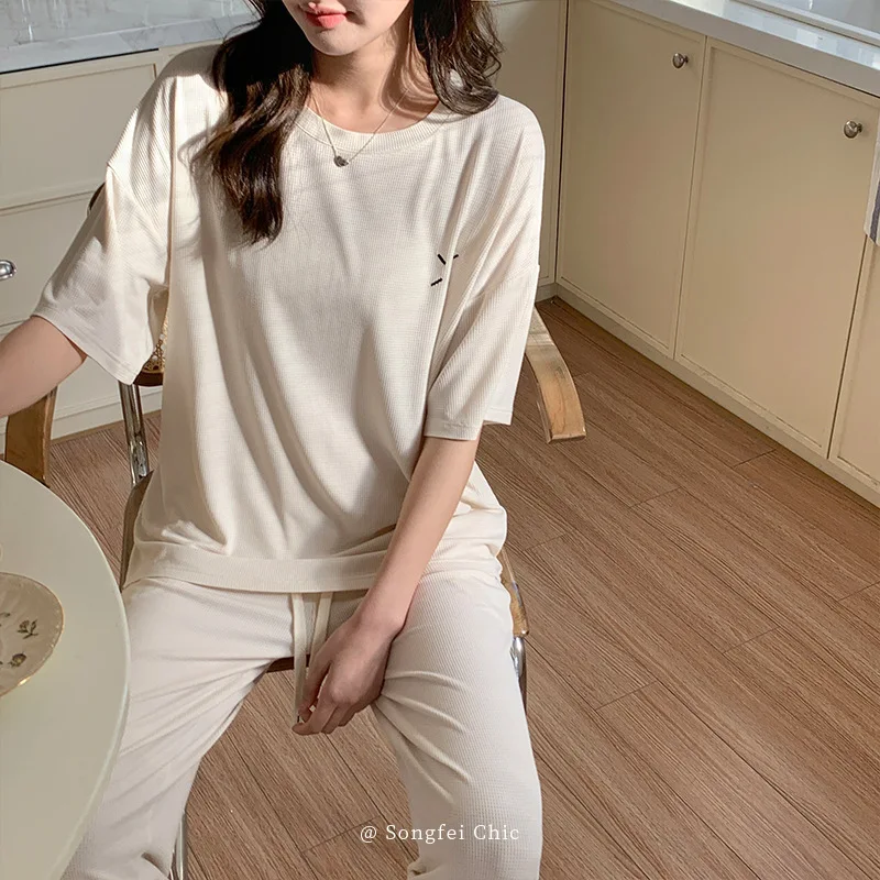 New Home Clothes Women's Pajamas Short Sleeve Modal Soft Continuous Solid Color Embroidery Nightdress Set Pyjamas Women