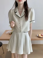 summer small fragrance vintage two piece set women crop top short jacket coat pleated skirts sets korean sweet 2 piece suits