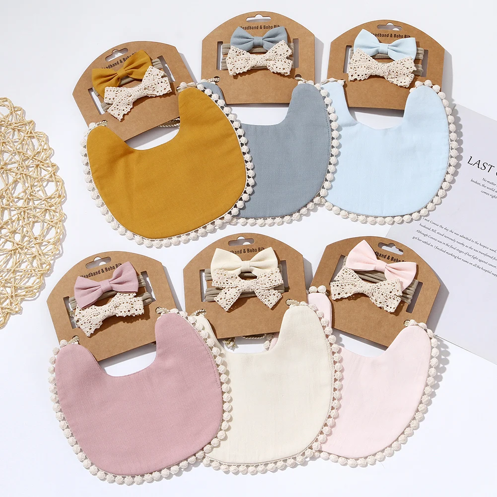 3Pcs/Set Solid Bamboo Cotton Baby Boy Girl Bib Lace Bow Headband Tassel Soft Newborn Feeding Burp Cloth Saliva Towel Kids Scarf