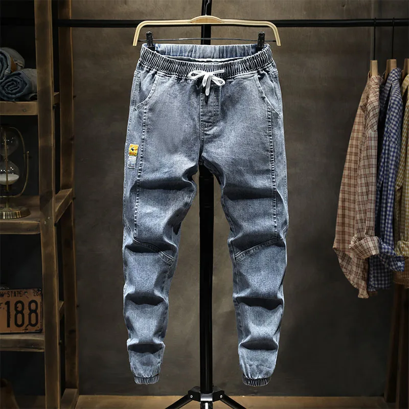 2022 Men Fashion Denim Pants Brand Big Yards Feet Thin Jeans Men Elastic Waist Drawstring Cowboy Sweatpants Baggy Trousers