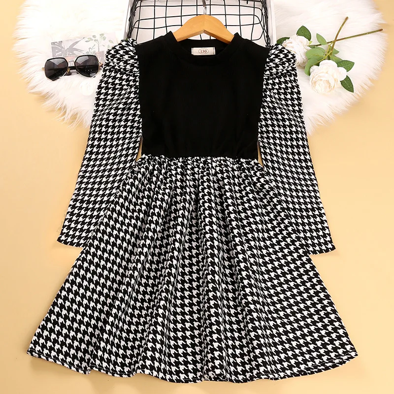 

5-12Y Kid Girl Dress Plaid Long Sleeve Autumn Children Wedding Costume Ball Grown Party Princess Baby Clothing Casual Dress A738