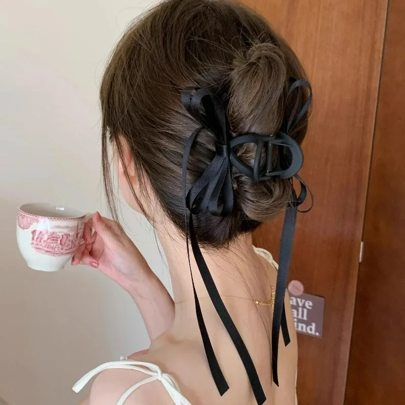 Корейский черный бант Длинная лента заколка для волос головной убор Милая