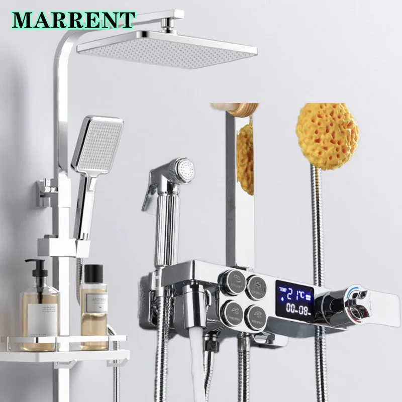 

Chrome Digital Shower System Faucet Solid Brass Hot Cold Bathtub Mixer Tap Rainfall Shower Head Thermostatic Bathroom Shower Set