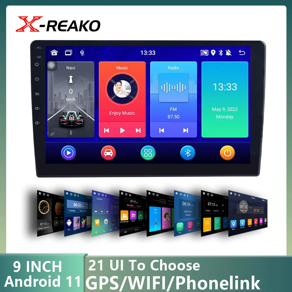 X-REAKO Android 11 2Din 9-дюймовый автомобильный мультимедийный плеер с GPS, Bluetooth, аудио, Wi-Fi, USB, FM, MirrorLink, HD-радио, стерео и авторадио.