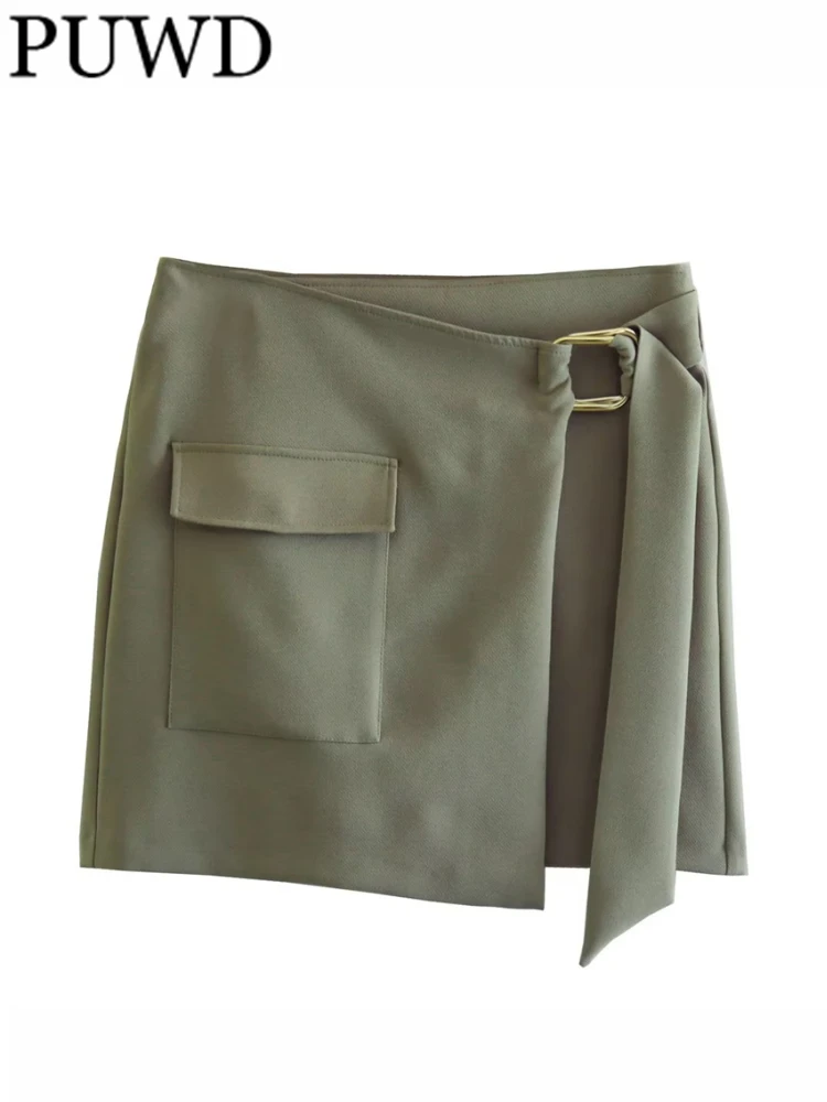 

Мини-юбка PUWD женская с поясом, модная Асимметричная винтажная Однотонная юбка с завышенной талией, шикарная зеленая, лето 2023