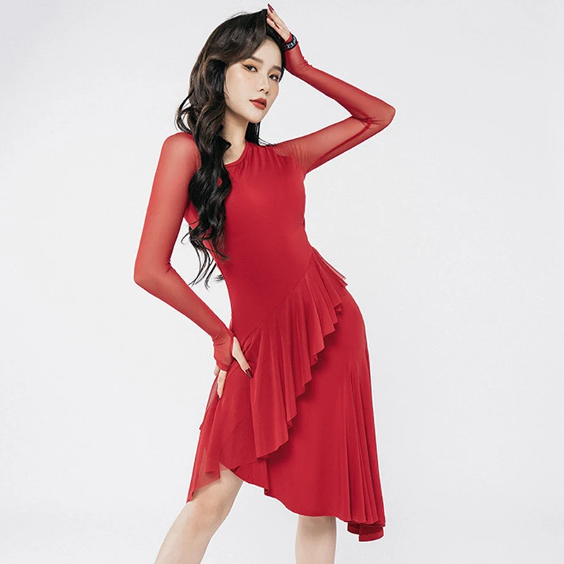 

Women Latin Dance Performance Dress Long Sleeves Latin Dance Dress Samba Rumba Salsa Ballroom Dance Competition Dress SL7625