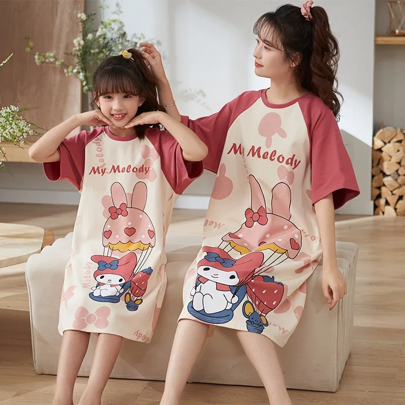 

Sanrio Nightdress Kawaii Anime Kitty Kuromi Cinnamoroll Summer Cotton Short Sleeve Dress Cute Sweet Cartoon Pajamas Homewear