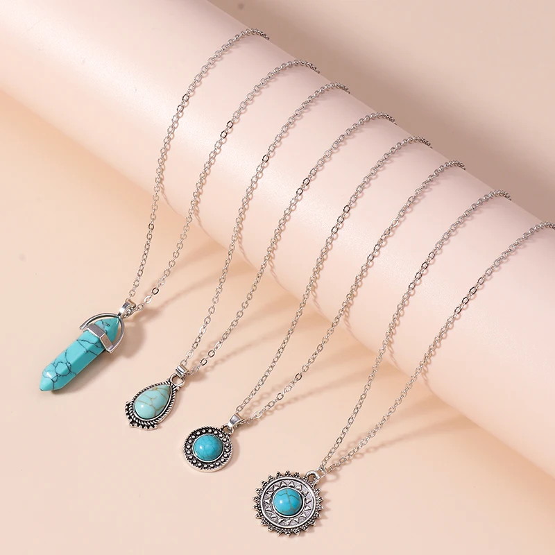 

Women Necklace Sets Vintage Silver Plated Turquoise Stone Necklace Bohemia Statement Hexagonal Water Drop Pendant Necklace