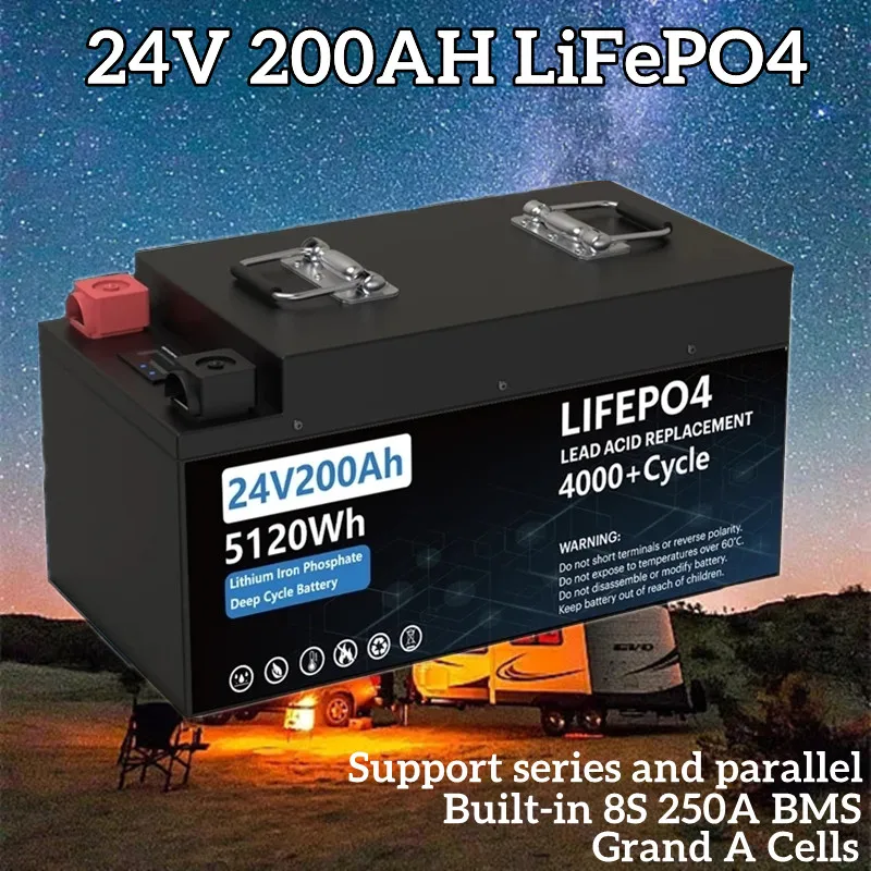 

Lifepo4 24v 200ah battery 29.2v 5kw large cell lithium solar battery 4000+built-in bms cycles for RV boat lifepo4 200ah