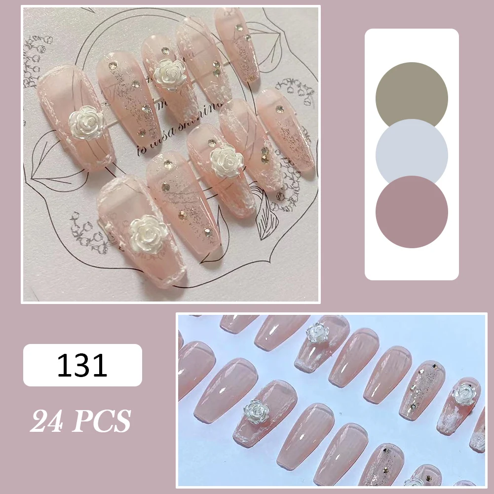 

24PCS Long Press on Nails 3D White Flowers Sweet Style Full Coverage Nails with Jelly Gel/Glue Removable Save Time AC889