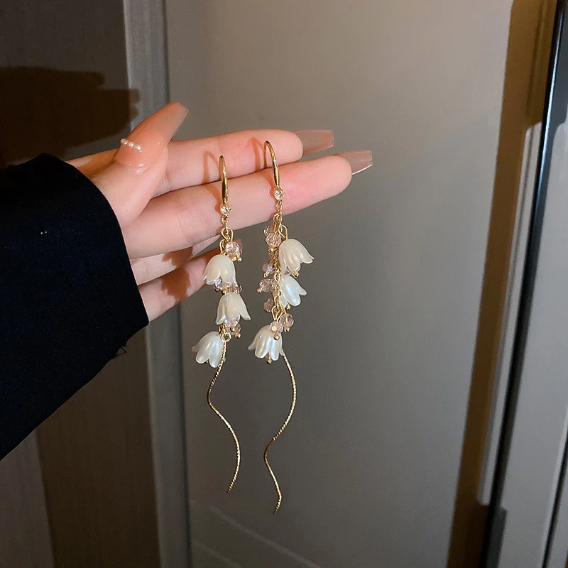 

French Diamond Pearl Crystal Blue Bell Orchid Tassel Earrings For Women Korean Fashion Earring Daily Birthday Party Jewelry Gift