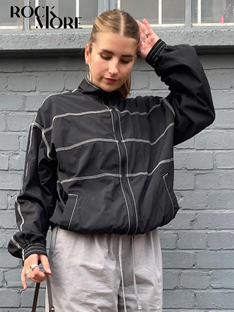 

Rockmore Streetwear Loose Jackets for Women Autumn Black Striped Coats Fashion Zipper Up Overcoat Harajuku Casual Hoodie 2022