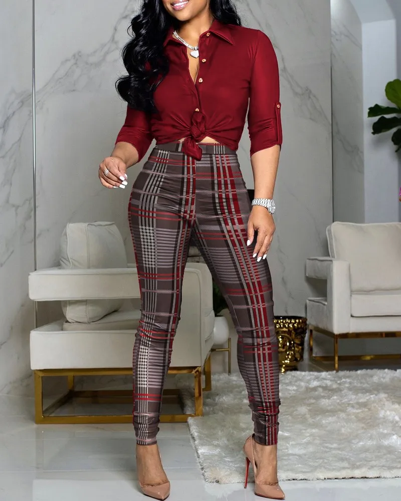 

Long Sleeve Button Down Shirt & Plaid Pants Set Women 2pcs Clothes Suit Short Shirts High Waist Pencil Pants Summer Spring
