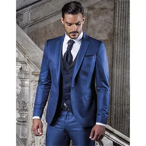 Custom Made Blue Terno Groom Tuxedos Groomsmen Costume Homme Mens Wedding Suit Slim Fit Men Suit Jacket Pants Vest Groom Wear