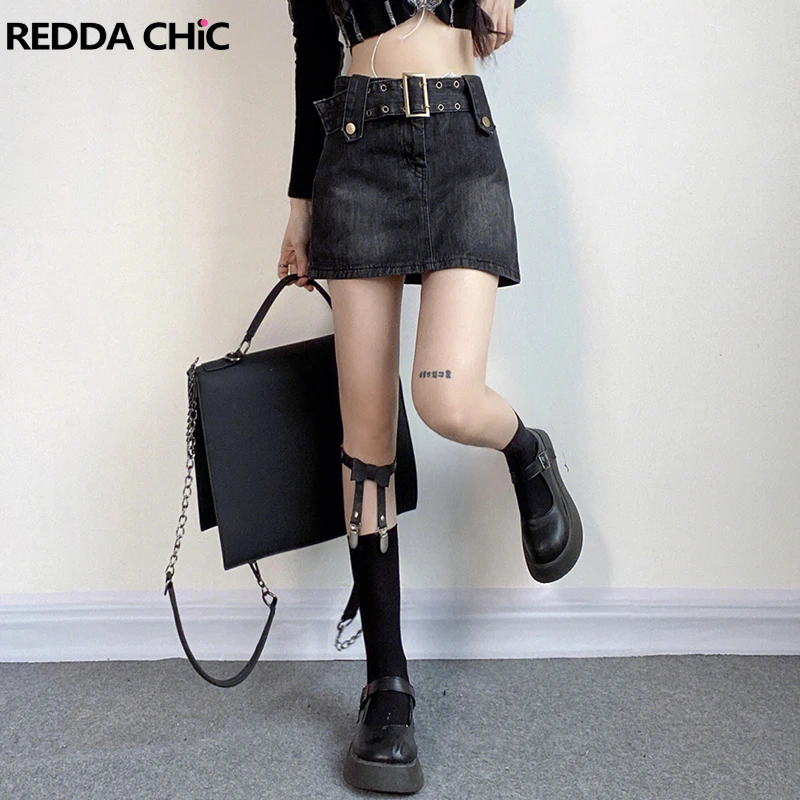 

ReddaChic Goth Mini Skirt Skort Buckle Belt Low Waist Cyberpunk Y2k Grunge Jean Denim Short Bodycon Bottoms Women Acubi Fashion