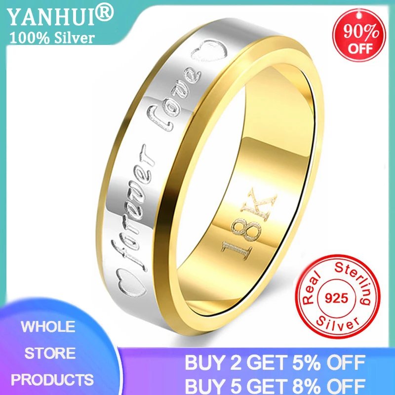 

YANHUI 6mm Wedding Rings For Men Gift Jewelry Heart Forever Love Engraved 18K Gold Color Alternate Engagement Couple Ring R095