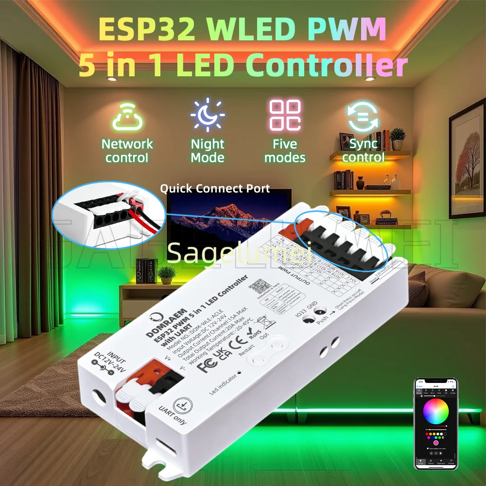 Фото Контроллер DOMRAEM ESP32 WLED с UART 5-в-1 для светодиодной ленты RGB RGBW RGBCCT работает с затемнением ШИМ Alexa Google Home Assistant №5