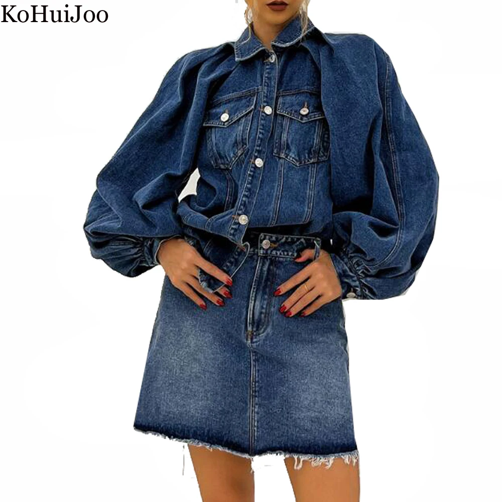 KoHuiJoo Fashion Denim Set Women Autumn 2022 Lantern Sleeve Jean Coat High Waist Skirt Casual Two Piece Suit Set Women Elegant