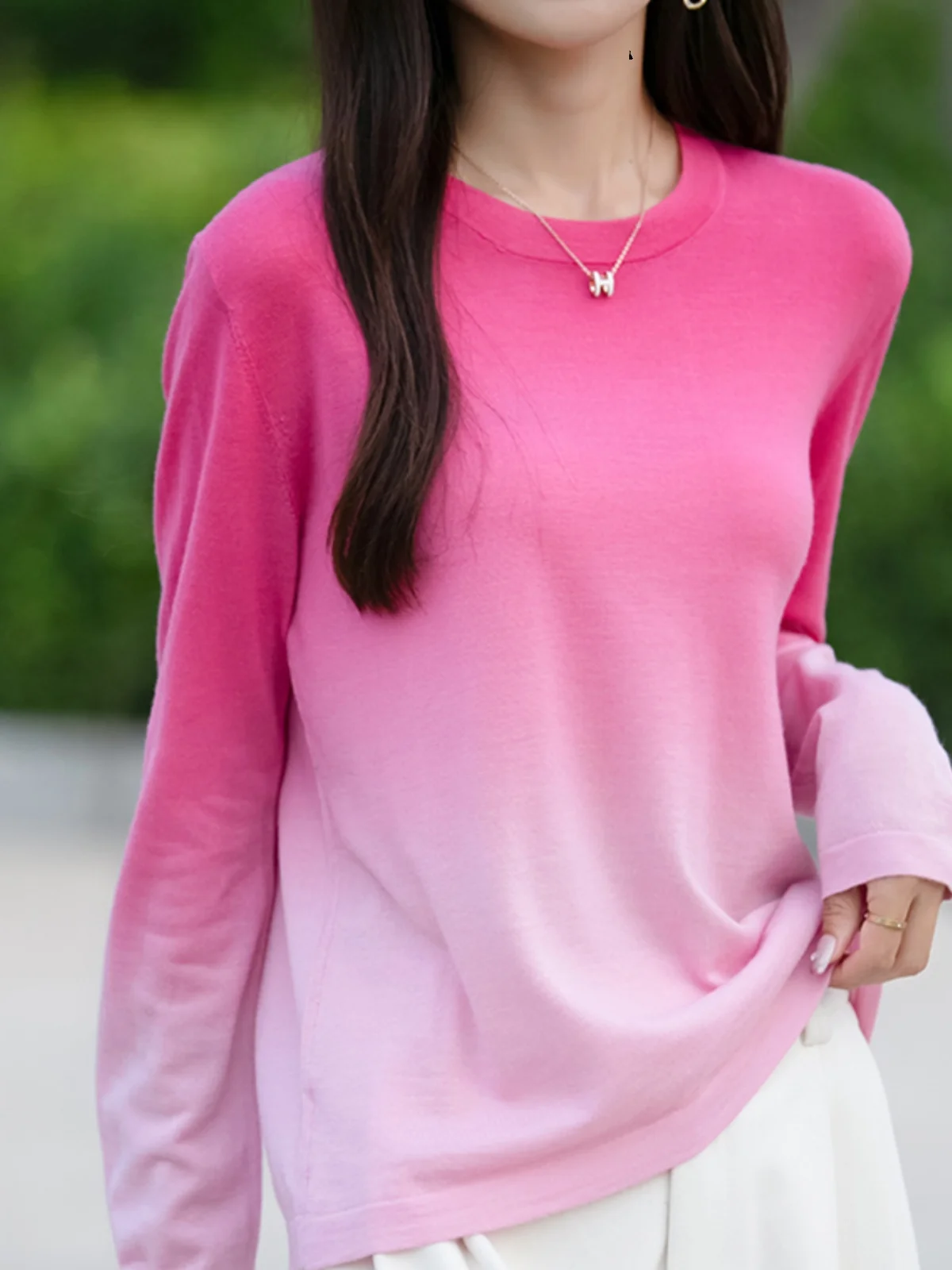 Dopamine Long sleeves Shirt Women Slimming Shoulder Bottoming Thin round Neck Knit Gradient Color Super Nice Sweater