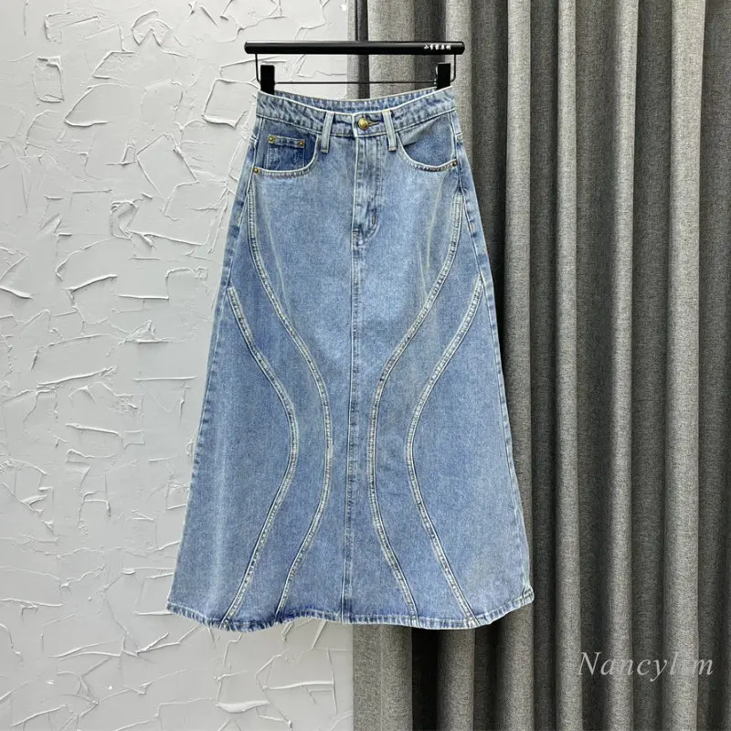 

Long Denim Skirt Women's Spring Summer Clothing 2023 New Korean Style High Waist A- Line Stitching Skirts Streetwear