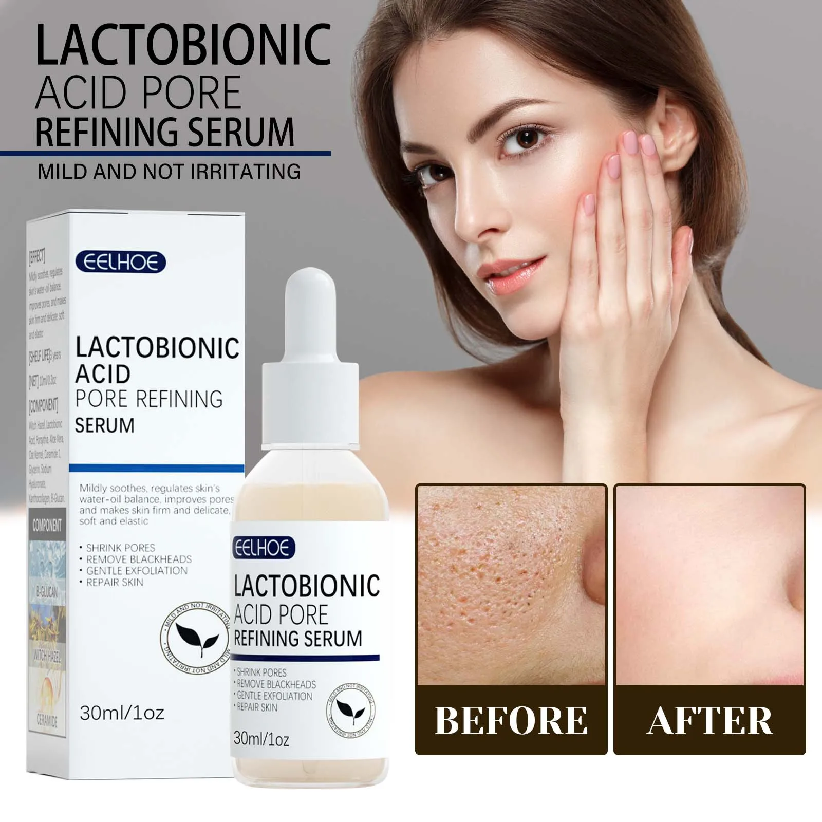 Lactobionic Acid Pore Shrink Face Serum Hyaluronic Acid Moisturizing Nourish Smooth Pores Repair Essence Beauty Korean Cosmetics