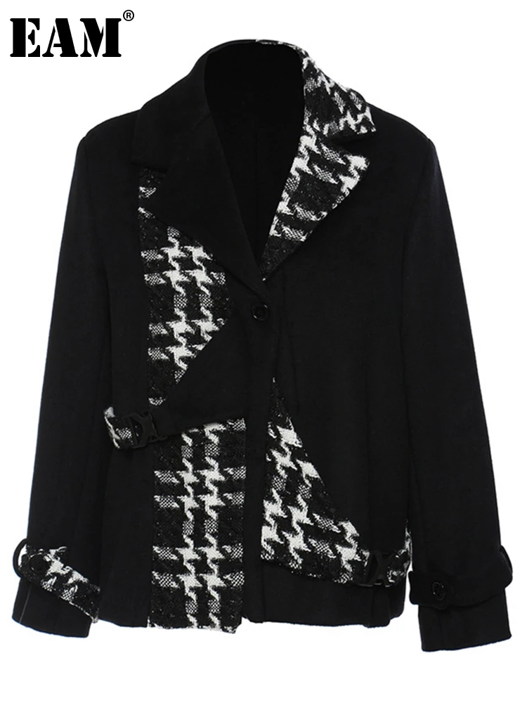 

[EAM] Loose Fit Black Plaid Big Size Casual Woolen Coat Parkas New Long Sleeve Women Fashion Tide Autumn Winter 2022 1DE4695