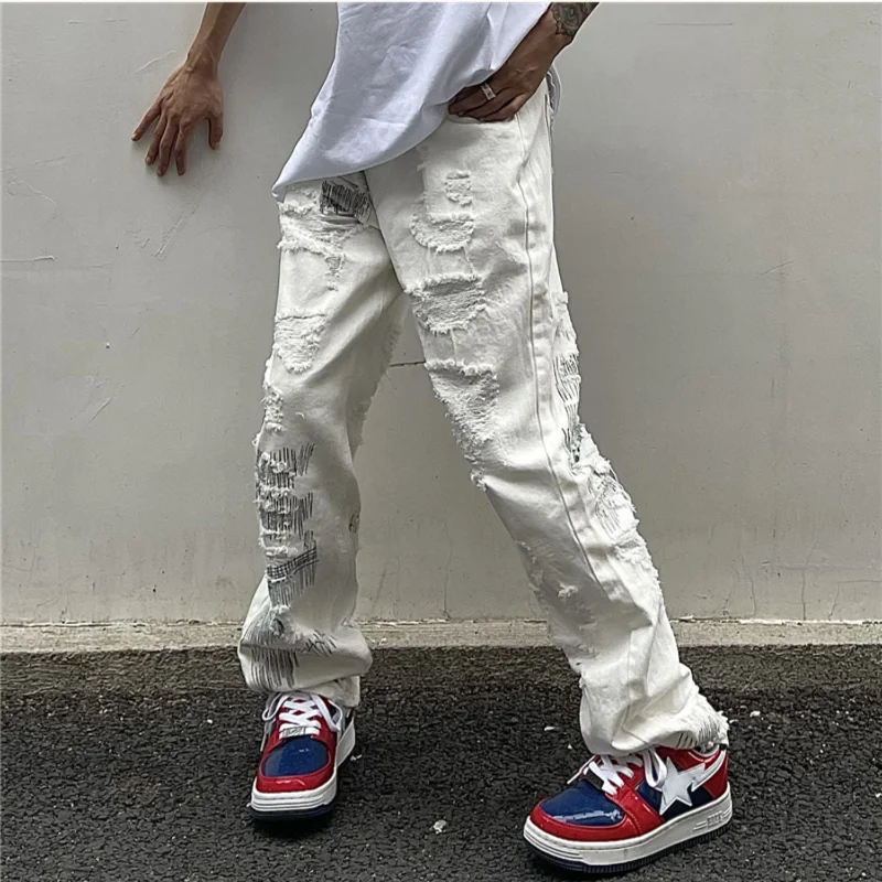 DEEPTOWN Ripped Straight Jeans for Men Hip Hop Straight Denim Pants Hole Fashion Trousers Male Black White Loose Casual Spring