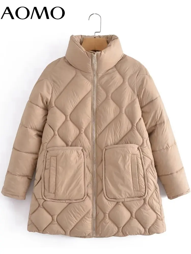 AOMO Women Khaki Oversize Thick Zipper Long Parkas 2022 Winter Long Sleeve Pockets Female Warm Coat 2G50A