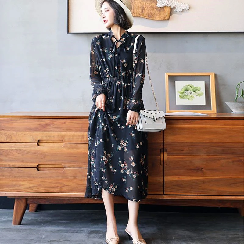 

2023 New Spring Autumn Dress For Women Clothing Korean Retro Large Size V-neck Tie Long-sleeved Floral Chiffon Dress AC21