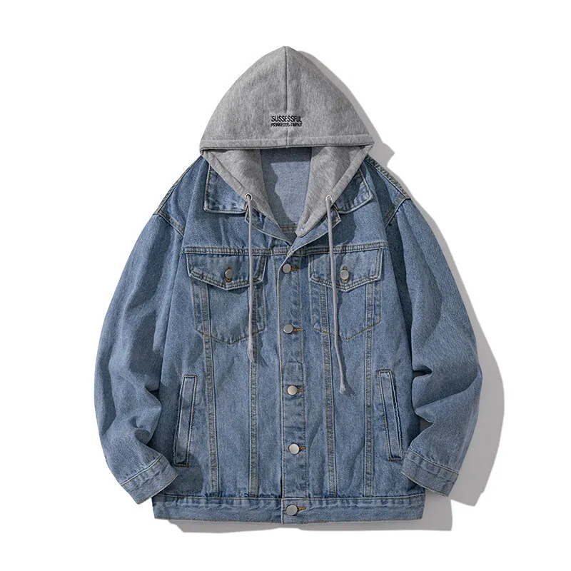 

Knit Hooded Denim Jacket Men Patchwork Fashion Jeans Hoodies Basic Coat Male Streetwear Spring Autumn Korean Style Cowboy 2023