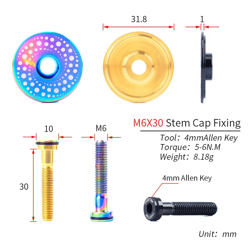 Risk 1 set Lightweight Titanium Alloy Bicycle Headset Cap + M6*30mm Bike Headset Stem Bolt 3 Colors Headset Screw Bicycle Parts