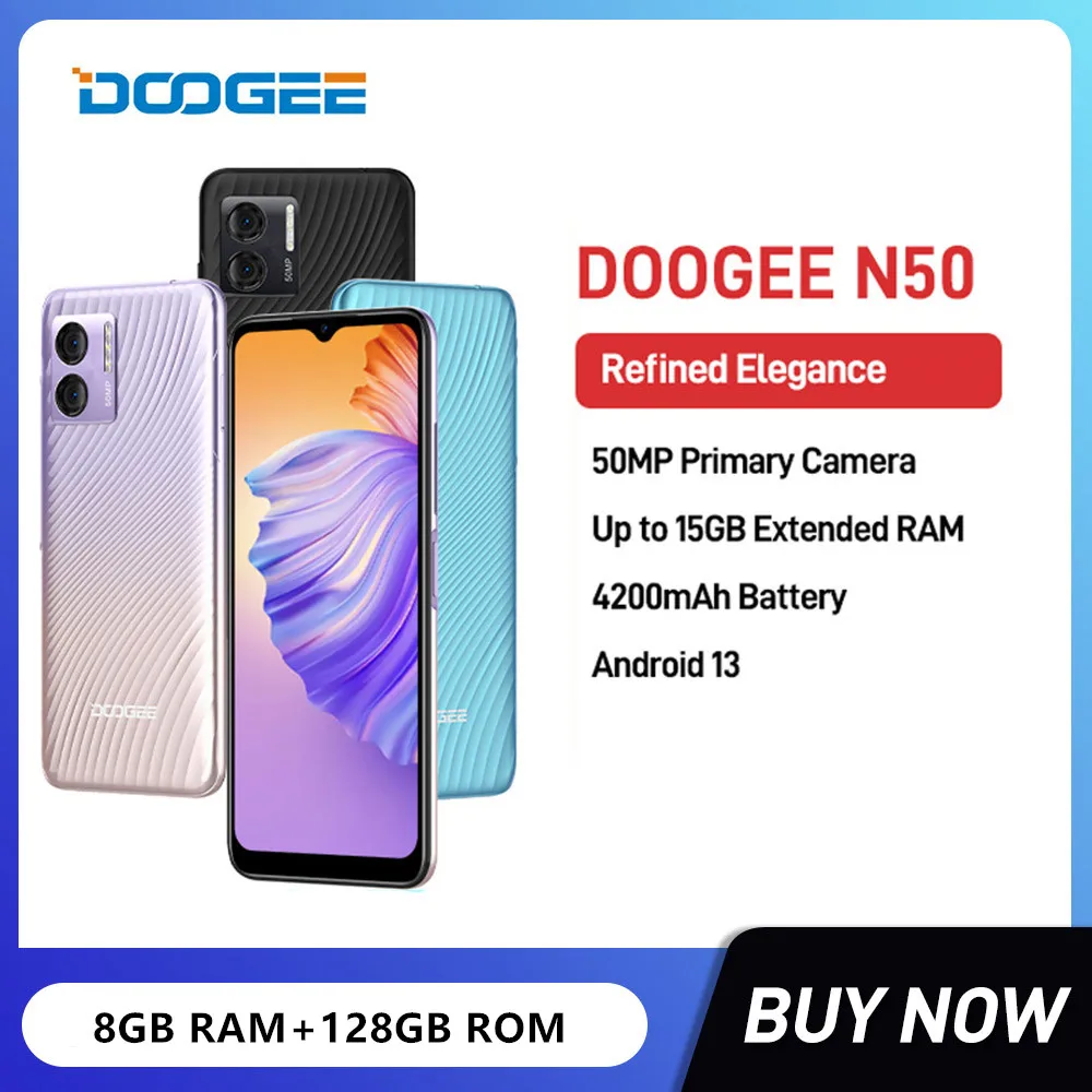 DOOGEE N50 6.52Inch HD Display Android 13 Smartphone Octa Core 8GB+128GB 50MP Camera 4200mAh Battery Fast Charging Mobile Phones