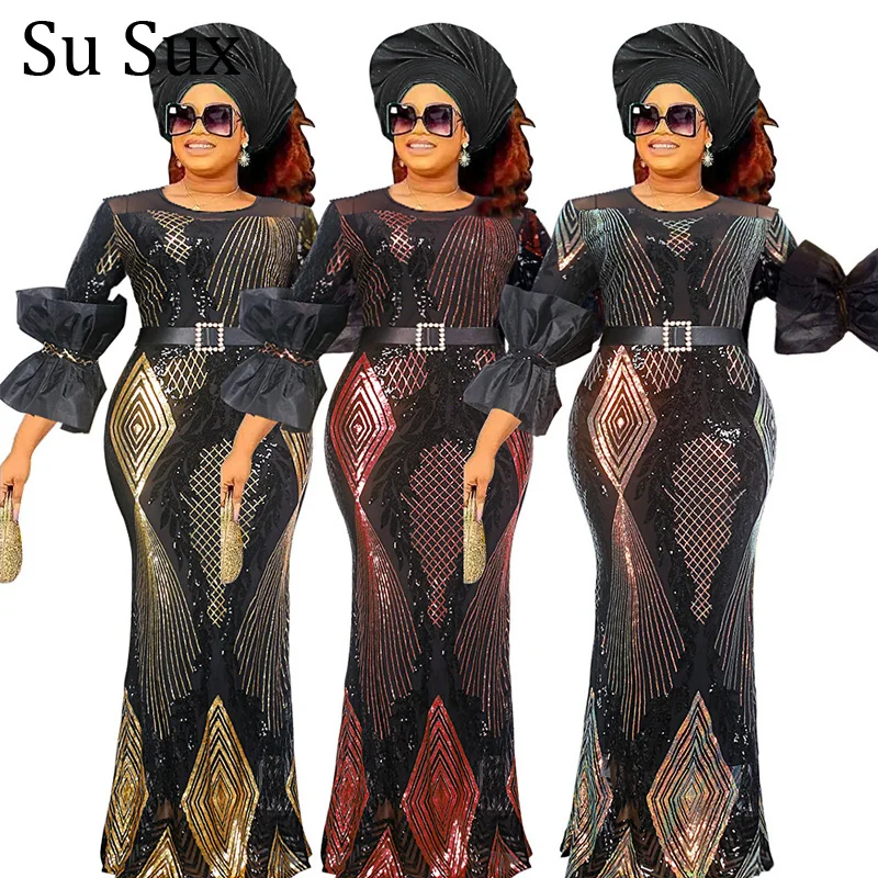 

Elegant Sequins Maxi Dress African Clothes For Women Evening Party Wedding Bodycon African Dresses Female Robe Gowns
