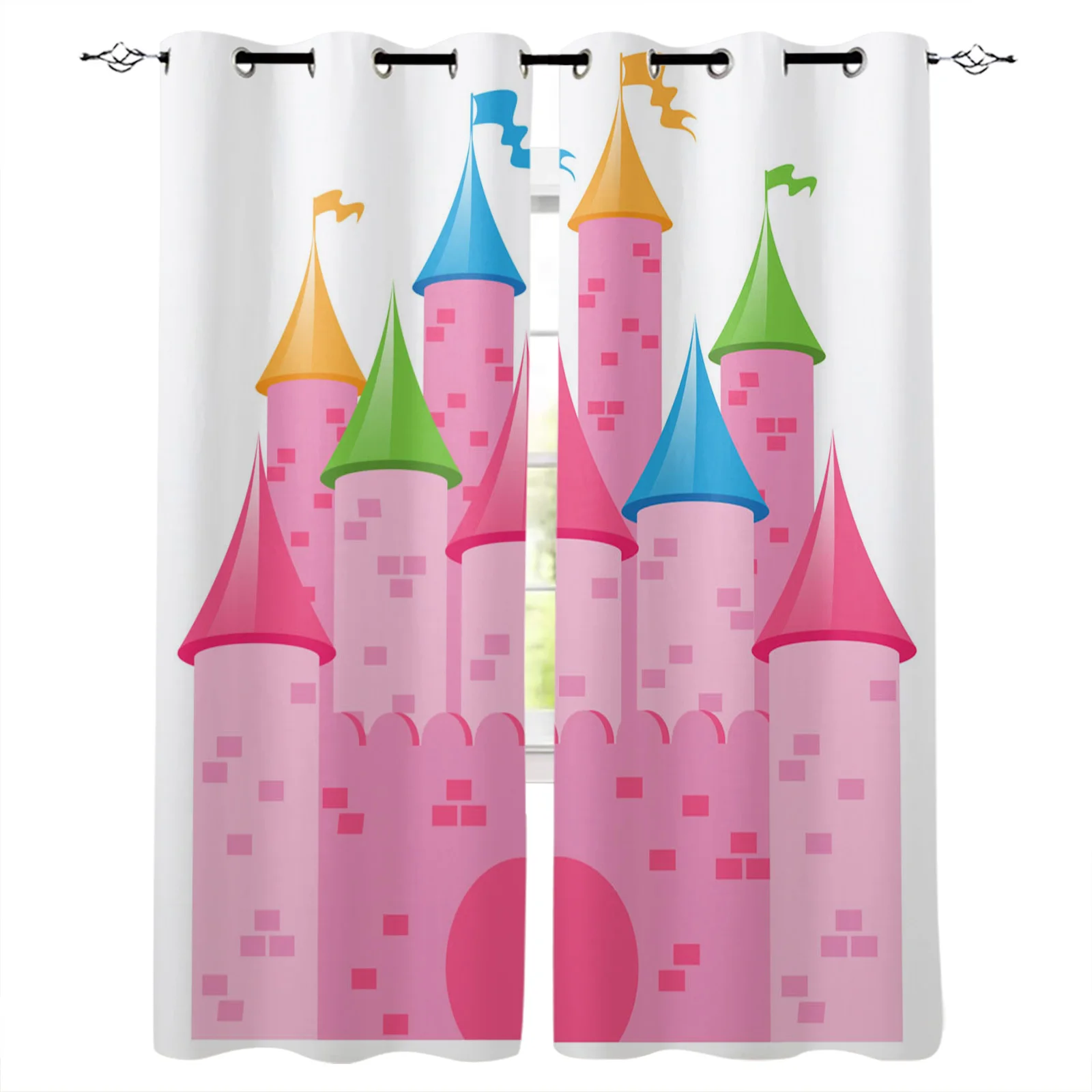 

Затемняющие шторы с мультяшным розовым флагом замка, геометрические строительные занавески для спальни, гостиной, декоративные оконные принадлежности