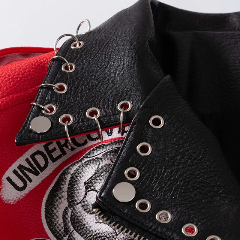 ZURICHOUSE Chic Red PU Leather Hit Color Print Tassel Jacket Women Slim Short Streetwear Motorcycle Faux Leather Coat Mujer