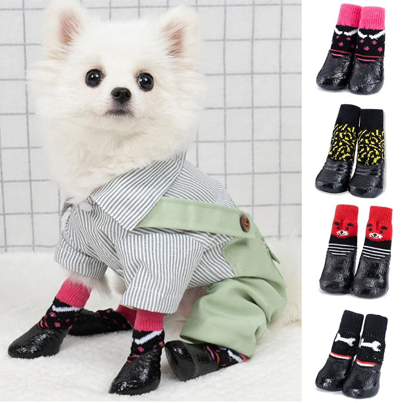 

4pcs Outdoor Waterproof Dog Shoes Nonslip Anti-stain Pet Socks Rain Snow Boots For Midium Small Dog Knit Cat Rubber Cotton Sock