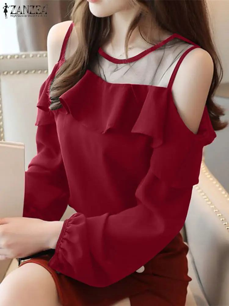 

Блузка ZANZEA женская с открытыми плечами, модная прозрачная туника с буффами на рукавах, элегантный топ с круглым вырезом и завязками на манжетах, в стиле пэчворк