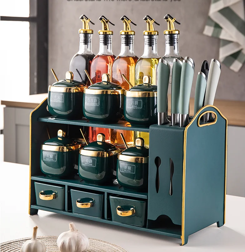 

Nordic light luxury seasoning box knife rest set domestic seasoning rack metal shelf for kitchen supplies kitchen containers