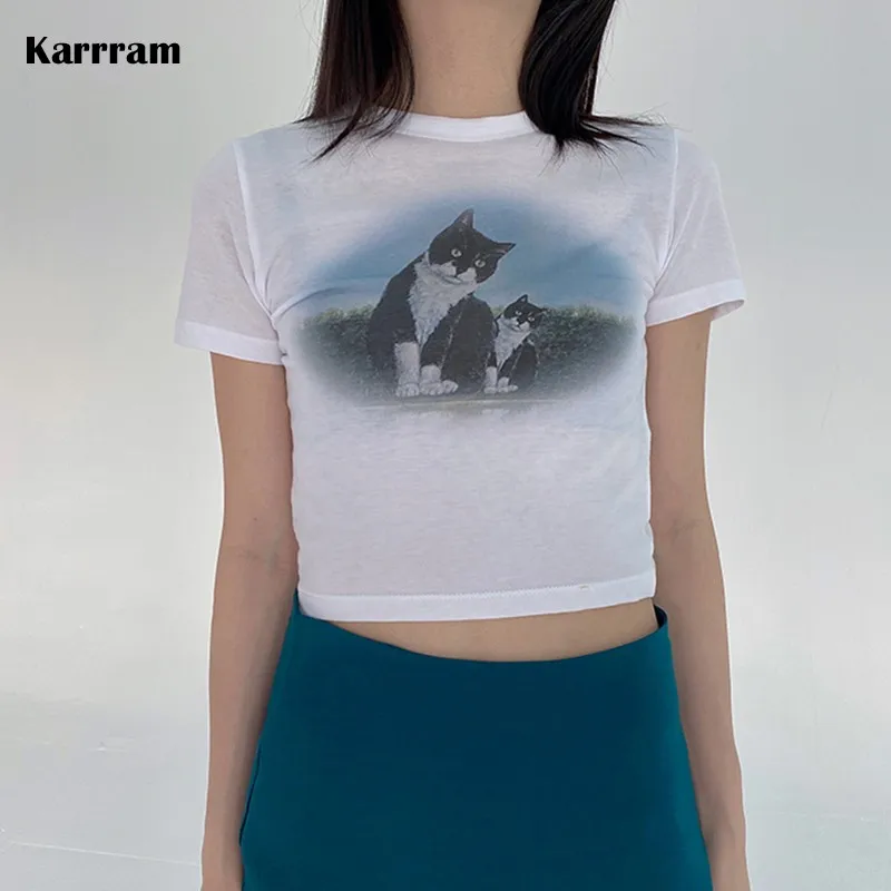 Karrram Japanese Fashion Cat Printed T-shirts Women Harajuku White Short Sleeve Crop Tops Korean Style Casual Tee Shirt Summer