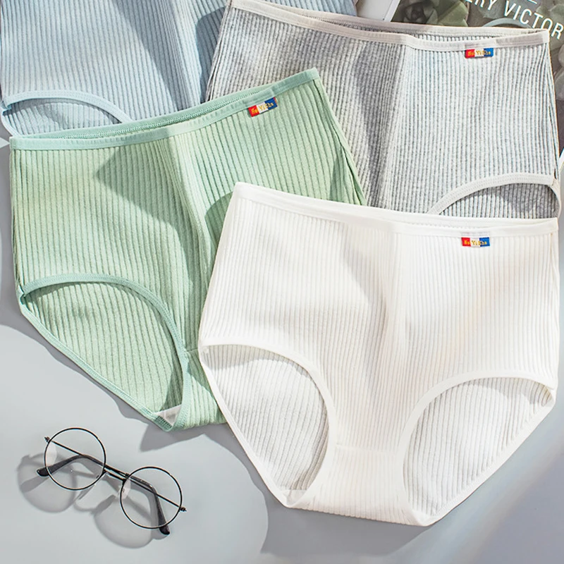 

1Pcs Soft Cotton Women's Underwear Panties Solid Color Striped High Waist Briefs Breathable Underpants Female Seamless Lingerie